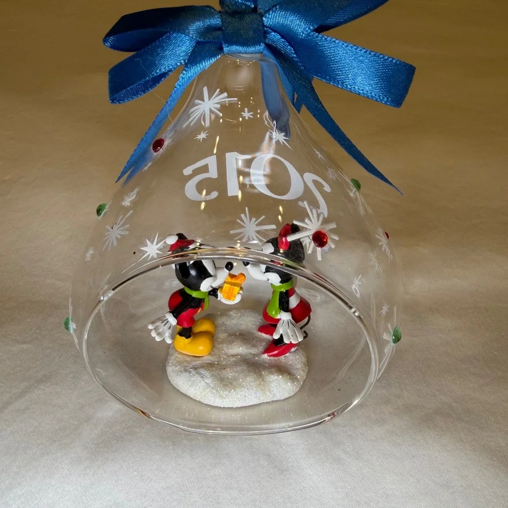 Disney‎ Parks Mickey Minnie Mouse 2015 Glass Bell Christmas Ornament Blue Ribbon